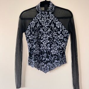 Vintage 90s Y2K Black & Purple Mesh Asymmetrical Hem Top- S